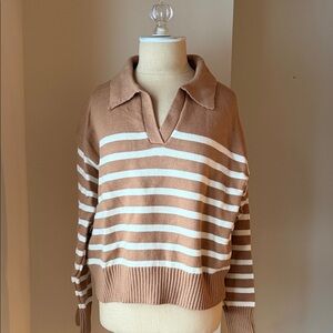 Wishlist Tan and White Striped V-Neck Sweater